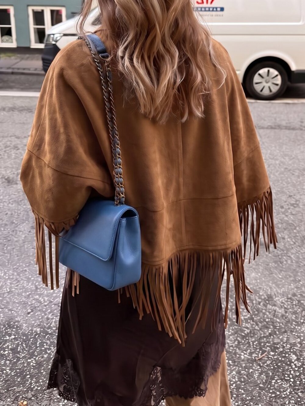 Brown Casual Women's Bohemian Fringe Cloak Sleeve Lapel Faux Suede Jacket - Picture 3 of 4